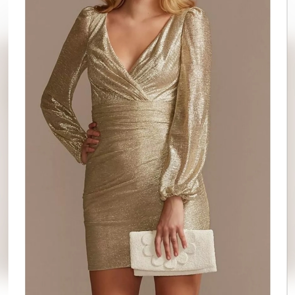 DB Studio Gold Metallic Ruched Long Sleeve Mini Dress Size 6